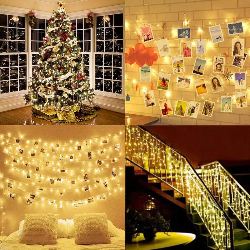 Guirlande photo lumineuse à pinces LED – photos accrochées au mur, sur un escalier et au sapin