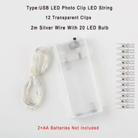 Guirlande photo lumineuse à pinces LED – modèle à piles de 2 m à 20 LED et 12 pinces