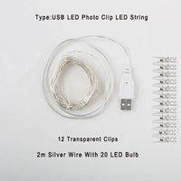 Guirlande photo lumineuse à pinces LED – modèle USB de 2 m à 20 LED et 12 pinces