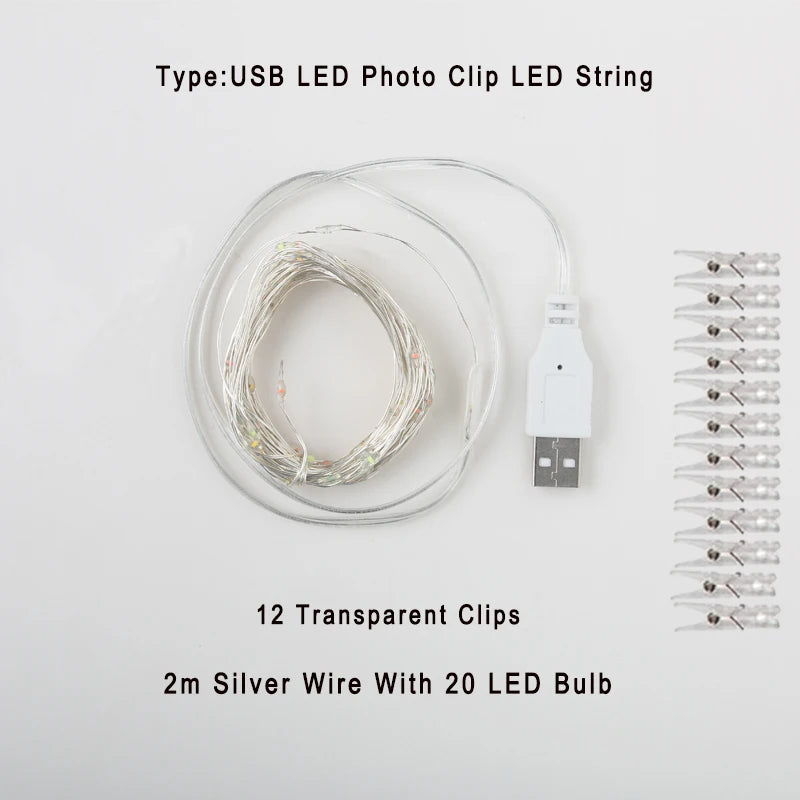 Guirlande photo lumineuse à pinces LED – modèle USB de 2 m à 20 LED et 12 pinces