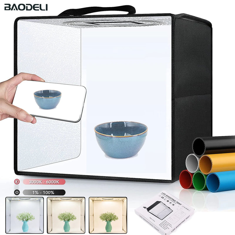 Mini studio photo LED – tente ouverte avec un bol photographié au smartphone