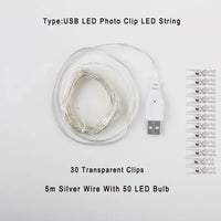 Guirlande photo lumineuse à pinces LED – modèle USB de 5 m à 50 LED et 30 pinces