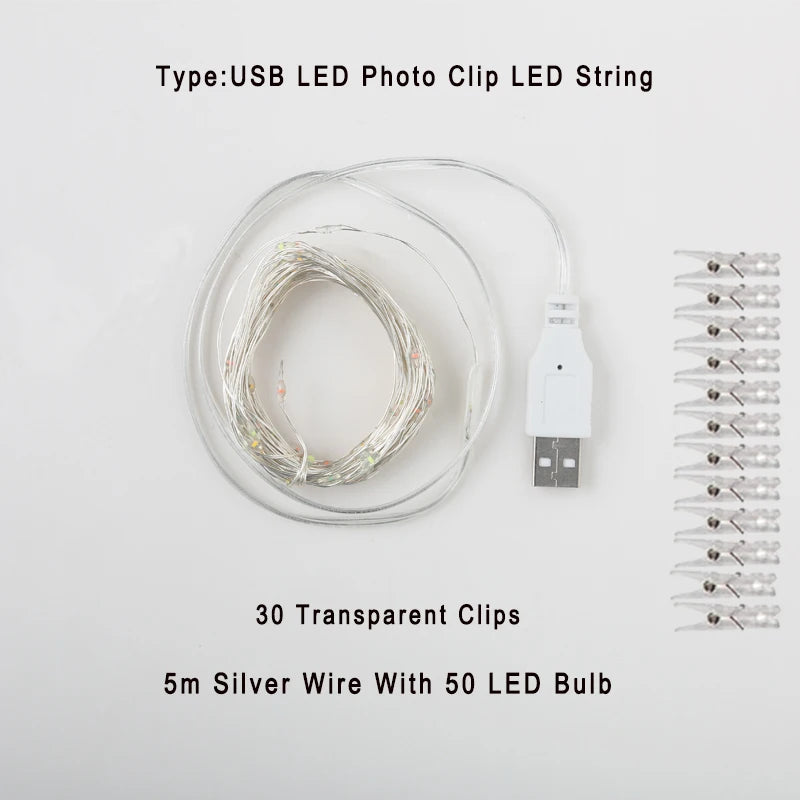 Guirlande photo lumineuse à pinces LED – modèle USB de 5 m à 50 LED et 30 pinces