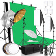 Kit studio photo complet avec fond 2,6 x 3 m, softbox, parapluies et réflecteur