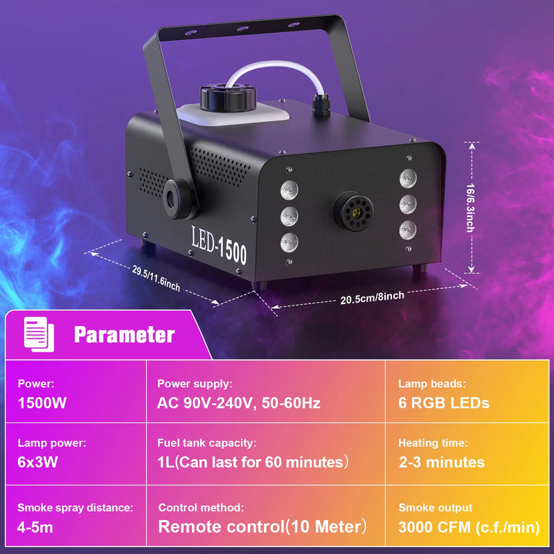 Machine à fumée 1500 W à 6 LED RGB avec télécommande sans fil, réservoir 1 L
