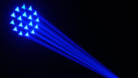 Lyre LED beam 200 W à 18 prismes – faisceaux bleus et motifs de gobos