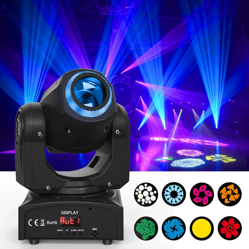 Mini lyre LED beam 60 W à anneau RGB, 8 gobos, DMX, à l'unité ou par 2
