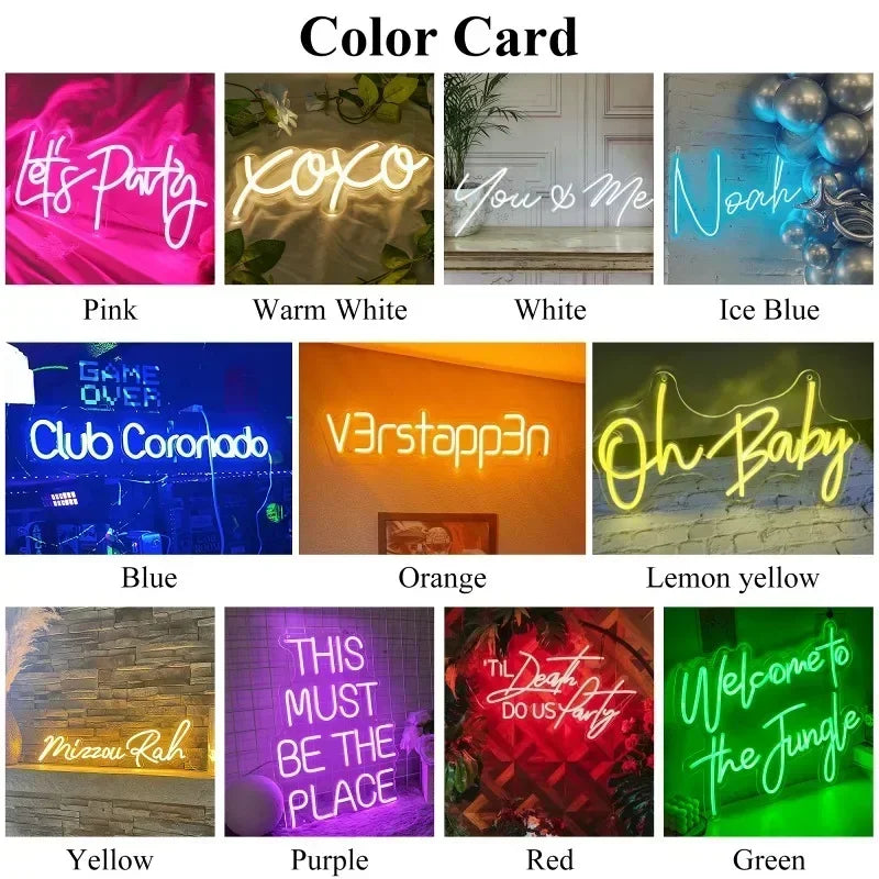 Néon prénom personnalisé avec cœur ou couronne – nuancier des onze couleurs avec exemples de textes