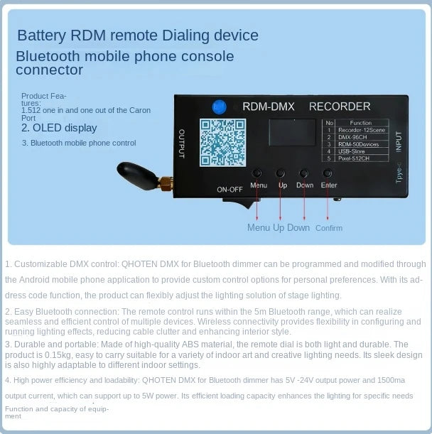 Interface DMX512 et RDM – boîtier Bluetooth, écran OLED et fonctions de l'enregistreur