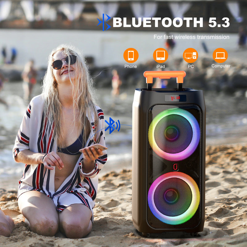 Machine karaoké Bluetooth – colonne lumineuse à anneaux RGB sur une plage, jumelage Bluetooth
