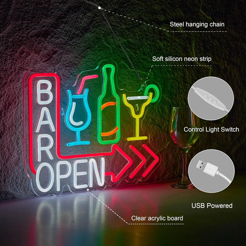 Néon bar LED « Bar Open » à suspendre, USB, 10 modèles