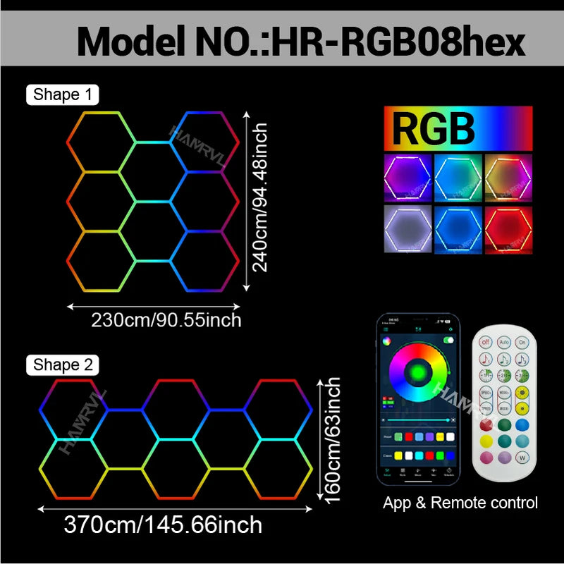 Éclairage LED hexagonal RGB pour garage, de 1 à 11 hexagones, application et télécommande
