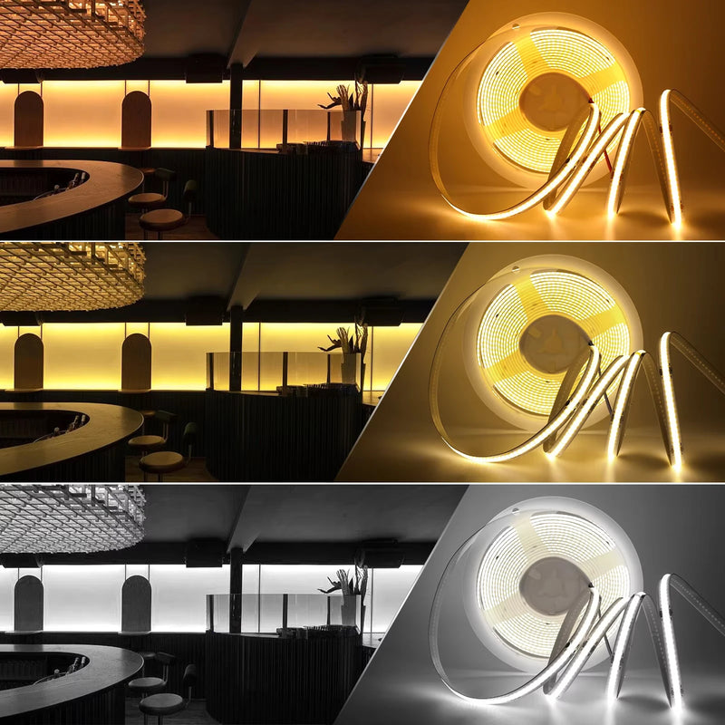 Ruban LED COB fin – blancs 3000, 4000 et 6000 K dans un bar