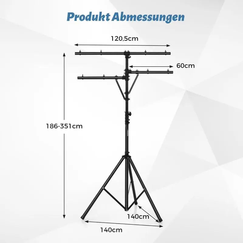 Pied d'éclairage double barre en T – dimensions : hauteur de 186 à 351 cm, barres de 120,5 cm et de 60 cm