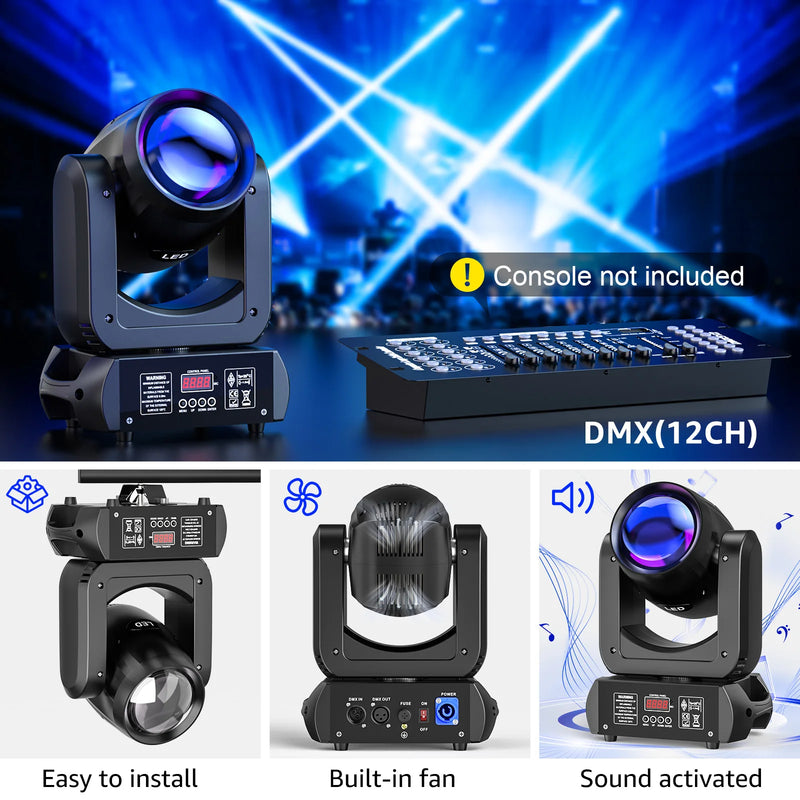 Lot de 4 lyres LED beam 150 W – pilotage DMX 12 canaux, fixation, ventilation et mode sonore