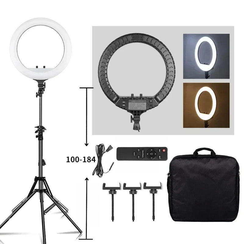 Anneau lumineux 45 cm – version télécommande et sac souple, trépied de 100 à 184 cm
