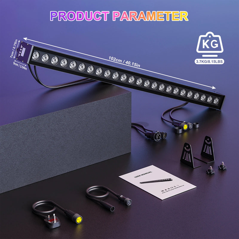Barre LED murale RGB – dimensions 102 x 9 x 7 cm, 3,7 kg, câbles et supports