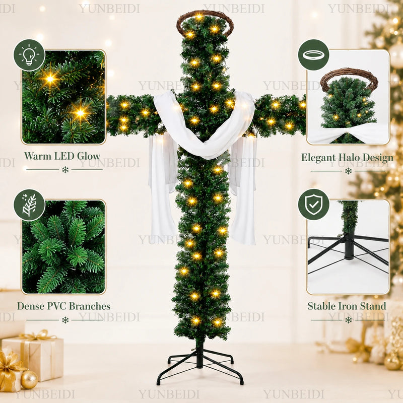 Sapin lumineux en croix – détails des LED blanc chaud, des branches en PVC, de la couronne et du pied en fer