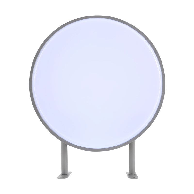 Caisson lumineux rond 50 cm – vue de face du caisson allumé sur ses deux supports