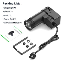 Pinspot LED 30 W – contenu : spot, support, boutons, cordon d'alimentation et manuel