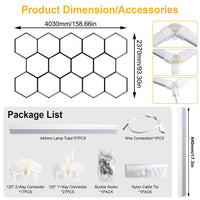 Éclairage LED nid d'abeille – cotes de 14 hexagones, 403 x 237 cm, et contenu du kit
