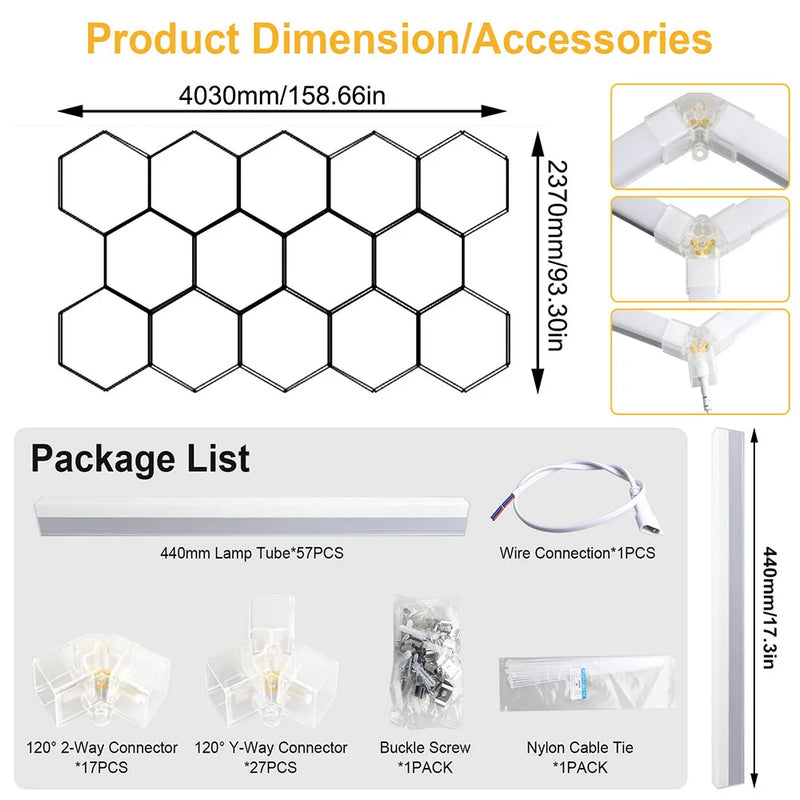 Éclairage LED nid d'abeille – cotes de 14 hexagones, 403 x 237 cm, et contenu du kit