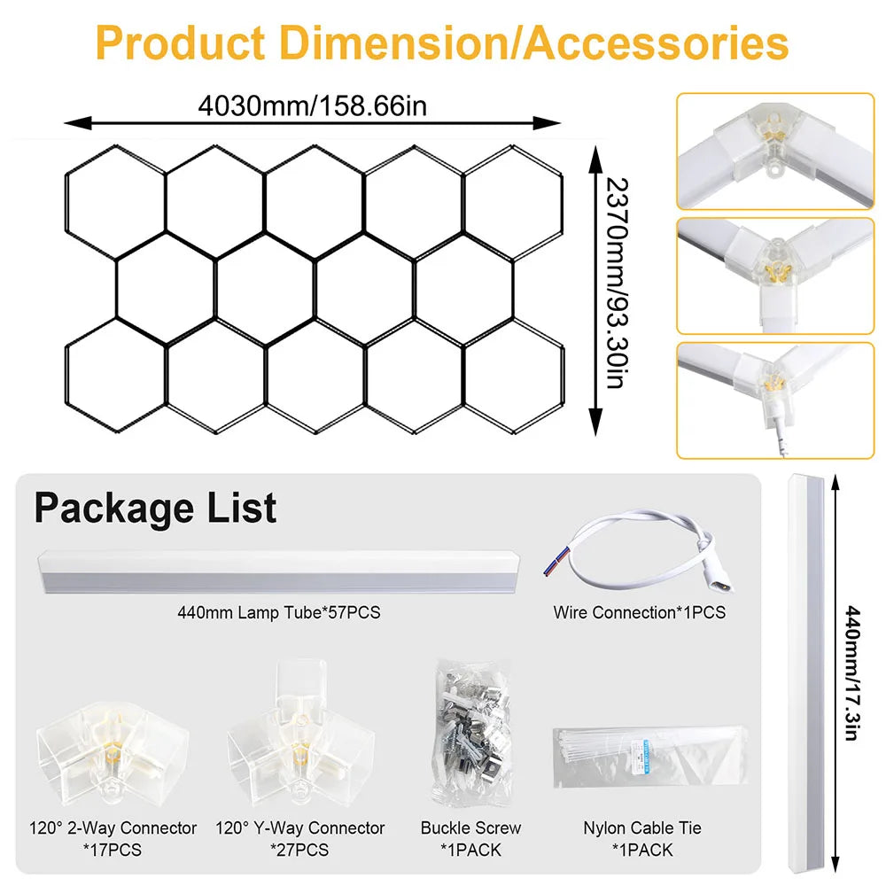 Plafonnier LED hexagonal garage blanc 6500 K, 1 à 14 hexagones