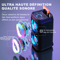 Machine karaoké Bluetooth – schéma des deux haut-parleurs de basses et du haut-parleur d'aigus