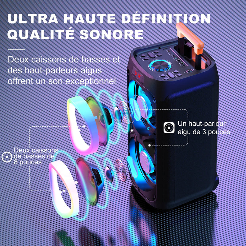 Machine karaoké Bluetooth – schéma des deux haut-parleurs de basses et du haut-parleur d'aigus