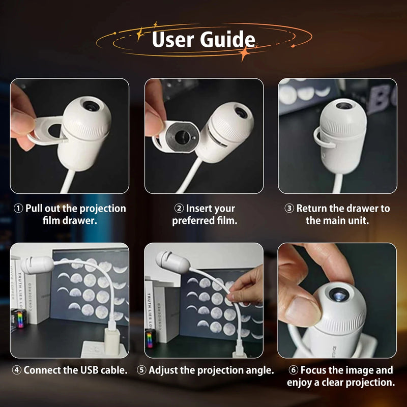 Projecteur d'étoiles USB pour voiture – mode d'emploi du tiroir à films, du branchement USB et de la mise au point