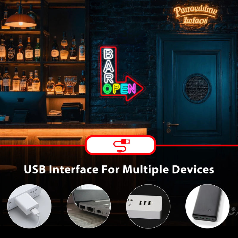 Enseigne néon BAR OPEN en flèche – alimentation USB, seconde vue
