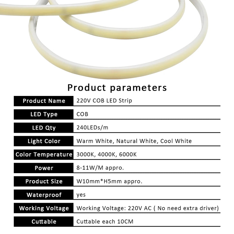 Ruban LED COB 220 V en silicone – paramètres : 240 LED/m, 3000 à 6000 K, 220 V et découpe tous les 10 cm