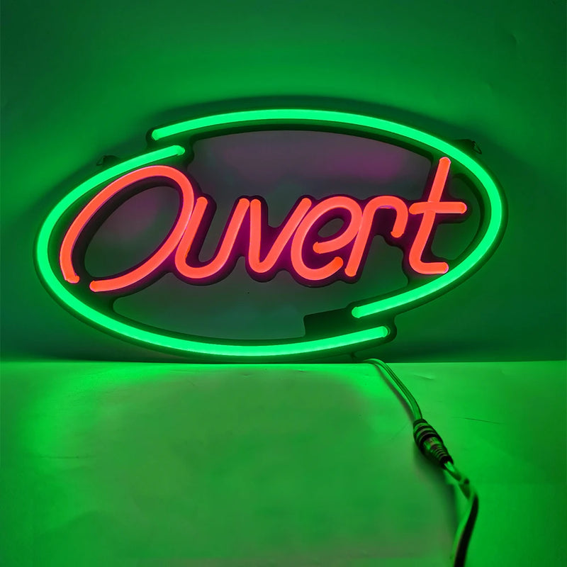 Panneau lumineux ouvert multilingue – ovale Ouvert cadre vert allumé
