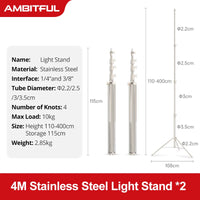 Trépied lumière 4 m – lot de 2 trépieds avec la fiche des dimensions : 110 à 400 cm, 115 cm replié