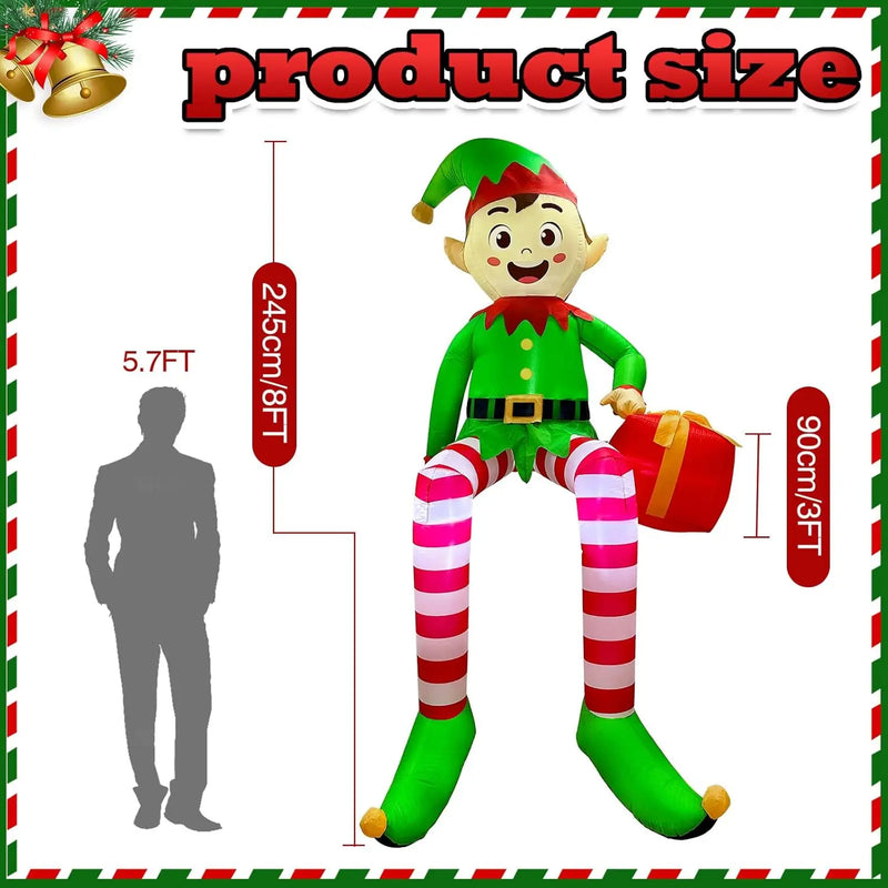 Elfe de Noël gonflable assis, 2,45 m, avec LED et cadeau