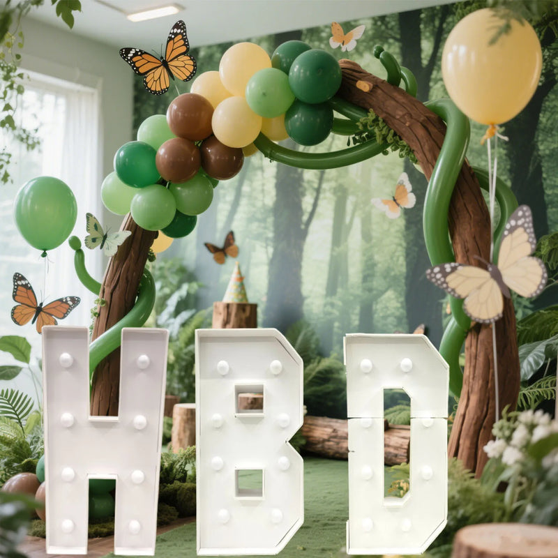 Lettre chapiteau lumineuse 91,5 cm – lettres HBD devant une arche de ballons et de papillons