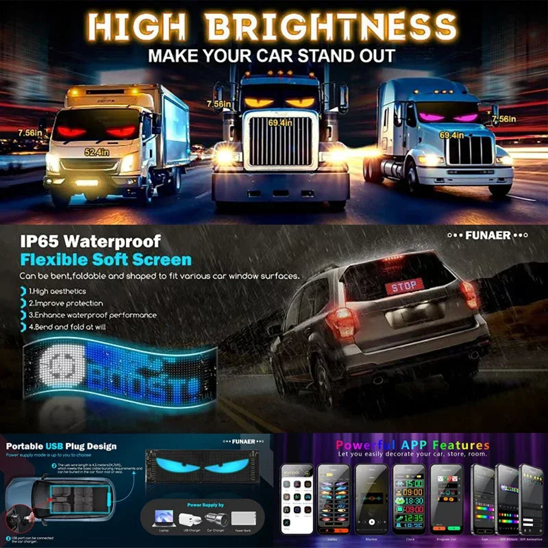 Panneau LED matriciel flexible – affichage sur un camion et sur une vitre de voiture