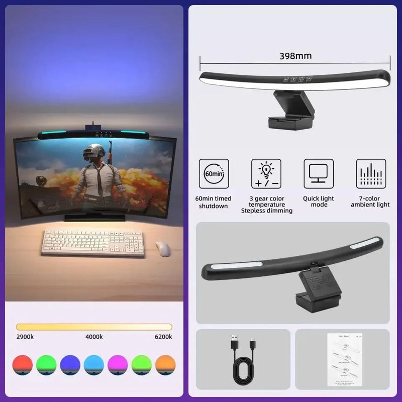 Barre lumineuse écran PC incurvée – modèle de 398 mm sur un bureau de jeu