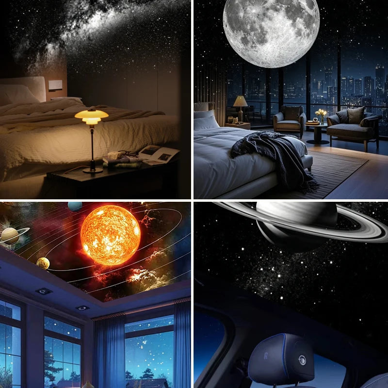 Mini projecteur d'étoiles USB à tête ogive – mises en situation de la lampe dans une chambre et une voiture