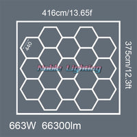 Plafonnier LED hexagonal – schéma du format 17 hexagones avec bordure, 416 x 375 cm