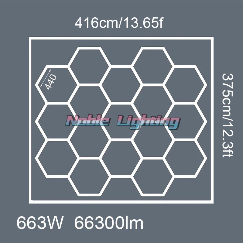 Plafonnier LED hexagonal – schéma du format 17 hexagones avec bordure, 416 x 375 cm