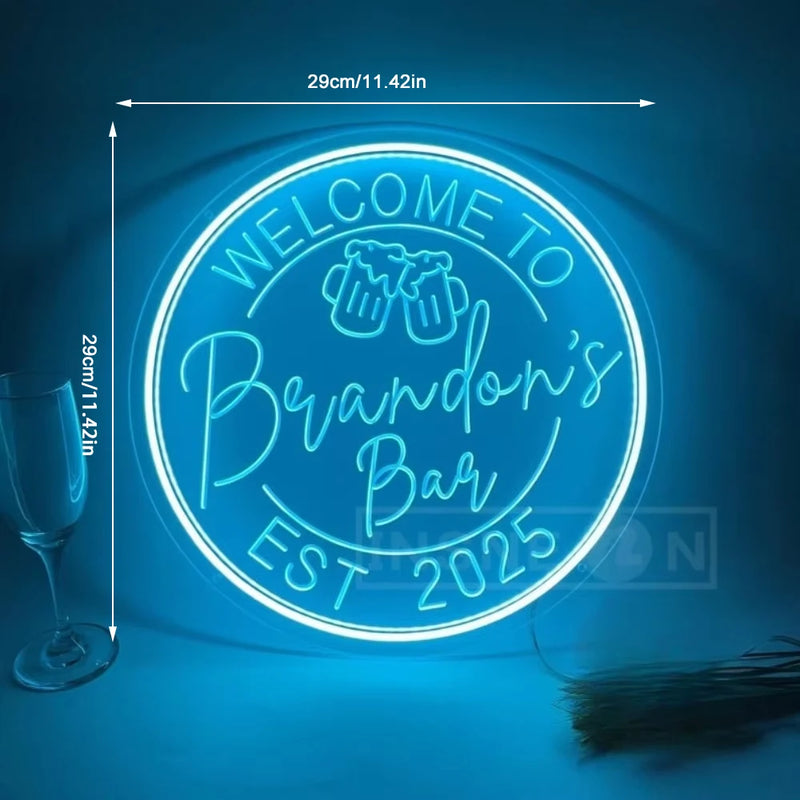 Enseigne néon bar personnalisée à votre nom, rond 29 cm, USB