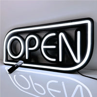 Panneau lumineux OPEN – lettres blanches, cadre blanc