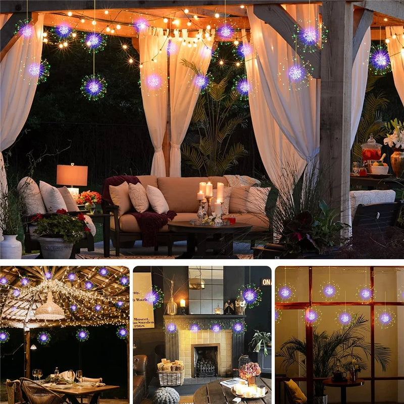 Guirlande lumineuse effet feu d'artifice – grappes dans un salon et sous une pergola