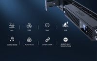 Barre stroboscope LED IP65 250 W – icônes des fonctions : RGB, DMX, IP65, mode sonore, automatique, chaînage et dissipation silencieuse