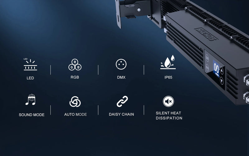 Barre stroboscope LED IP65 250 W – icônes des fonctions : RGB, DMX, IP65, mode sonore, automatique, chaînage et dissipation silencieuse