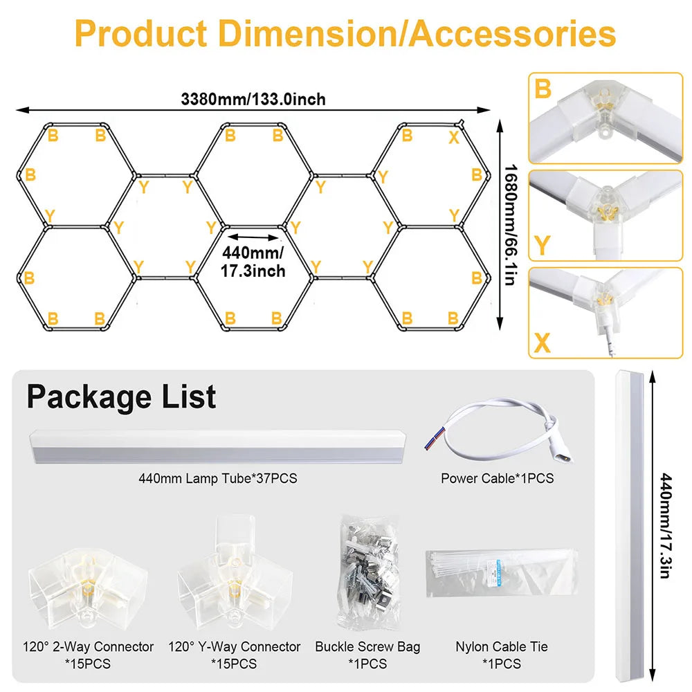 Plafonnier LED hexagonal garage blanc 6500 K, 1 à 14 hexagones