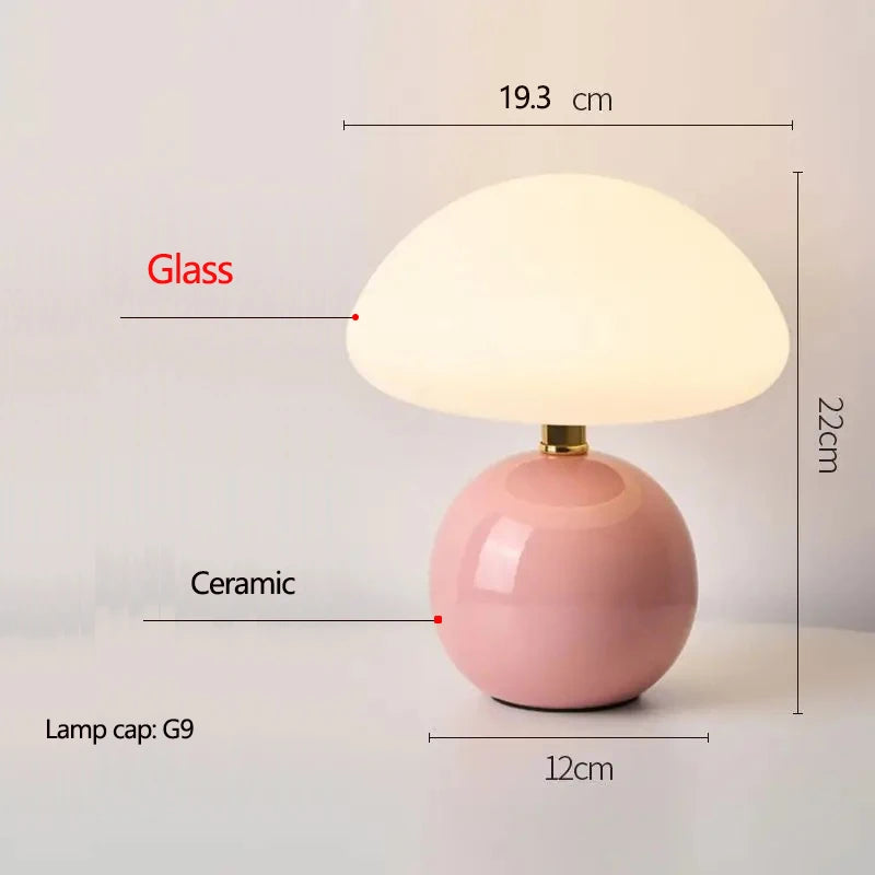 Lampe champignon en céramique – pied rose et abat-jour en verre