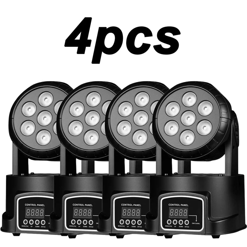 Lot de 4 mini lyres LED wash 7 LED RGBW, DMX 9 ou 14 canaux