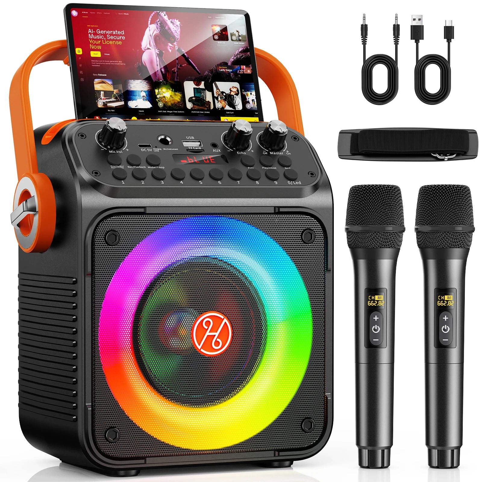 Enceinte karaoké familiale à anneau RGB, 2 micros sans fil, 8 h d'autonomie